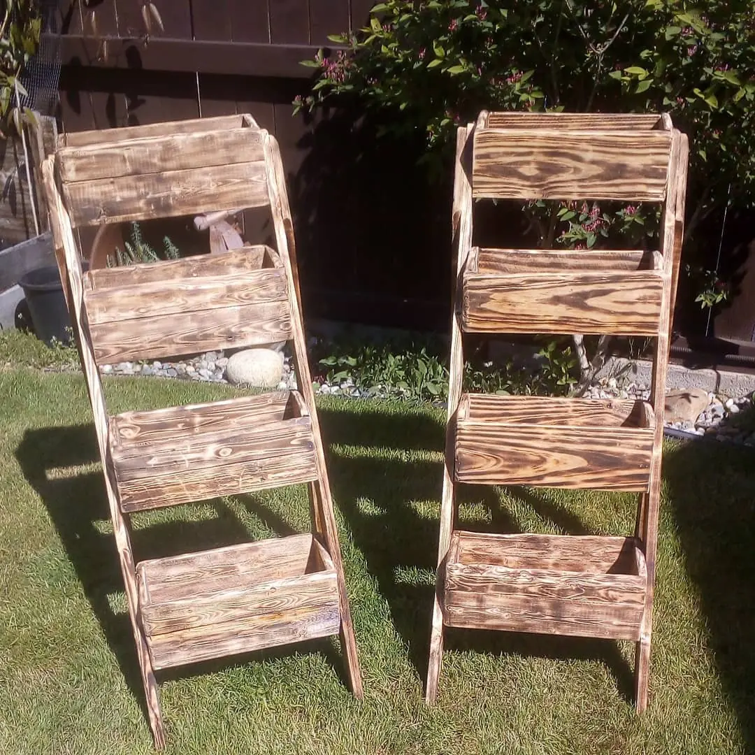 Tall tiered ladder planters in torched wood