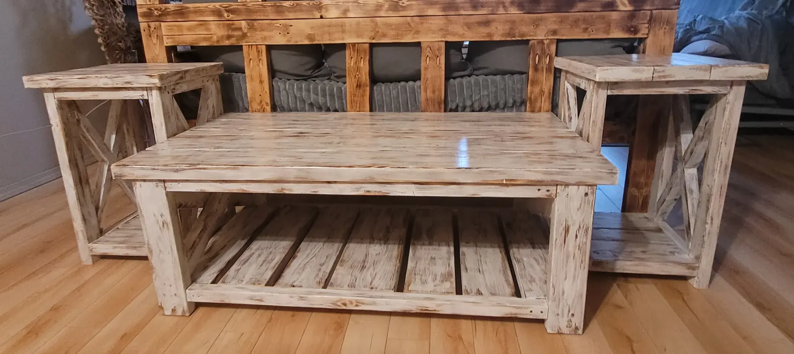 Rustic white-washed coffee table with two matching side tables