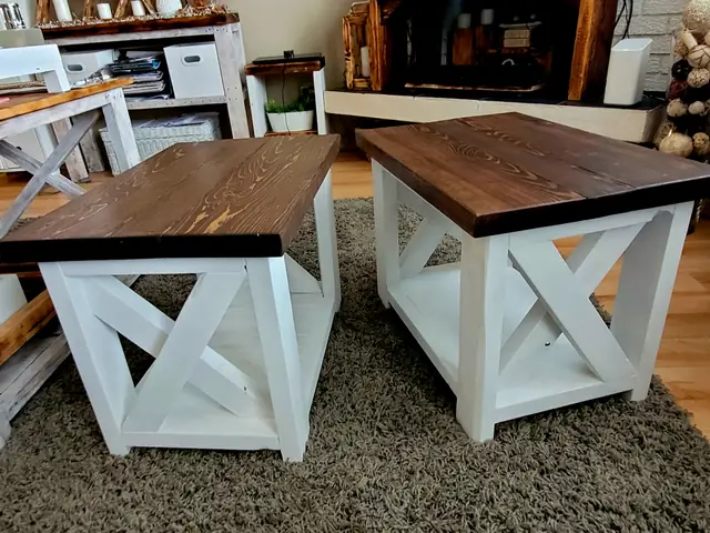 Matching rustic coffee table and side table with X-brace sides