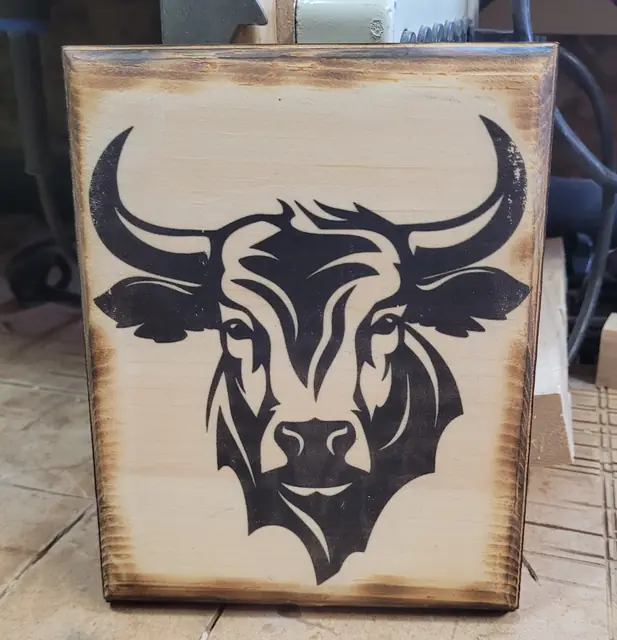 Bull head decoupage on a torched-edge wood sign