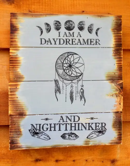 Decoupage wood sign with dreamcatcher and moon phases, torched edges