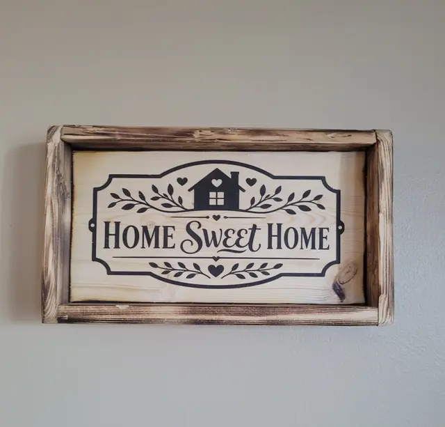 Home Sweet Home decoupage sign in a torched rustic frame