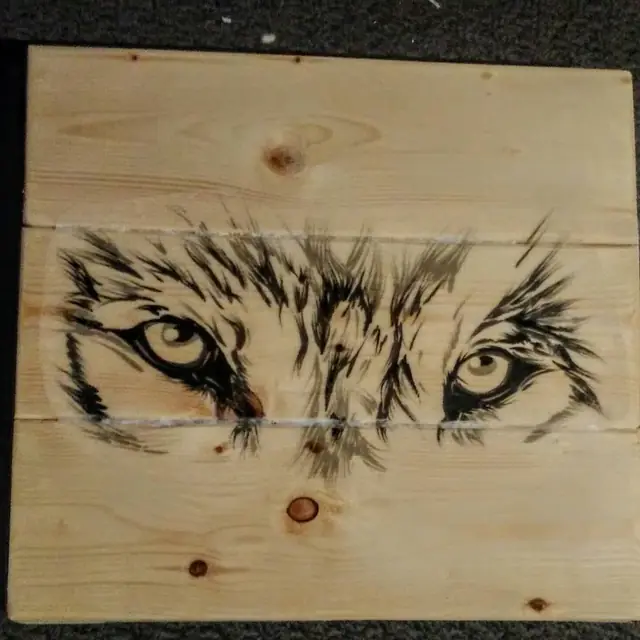 Wolf eyes decoupage on pine planks