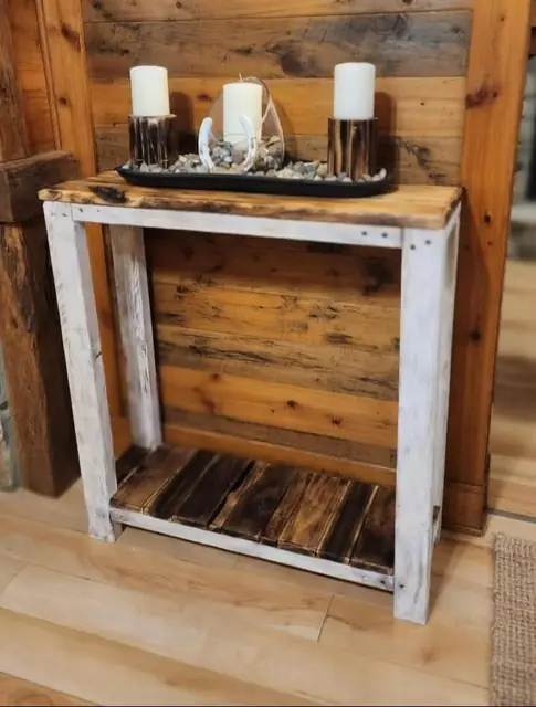 Console table with white legs made from reclaimed pallet wood