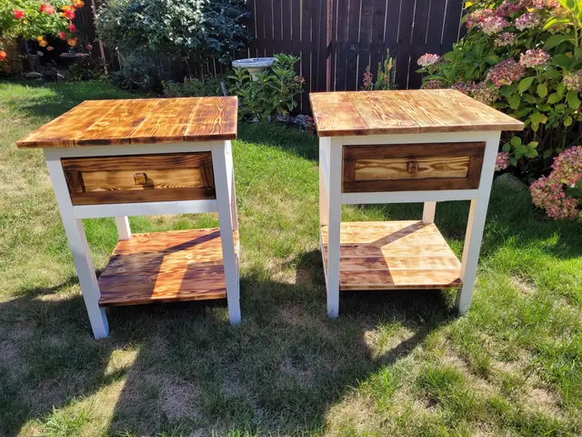 Pair of handmade rustic side tables with drawers, white legs and torched tops