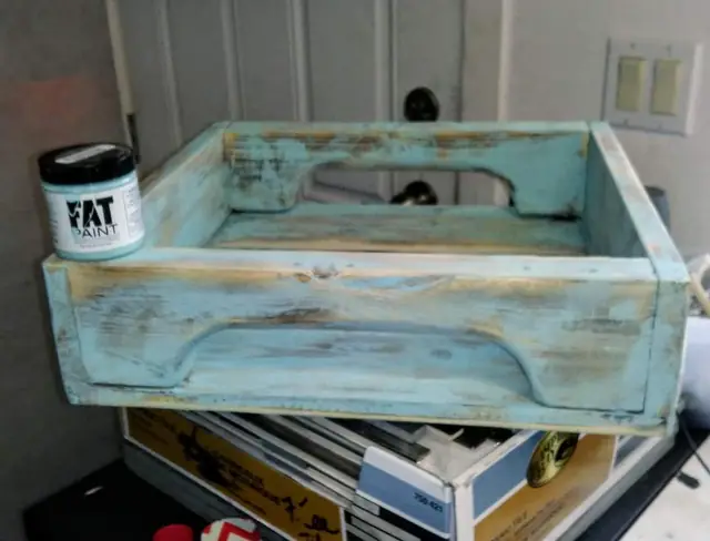 Distressed teal-painted rustic wood tray