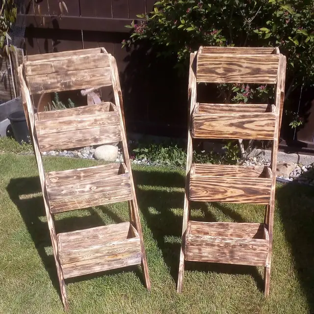Tall tiered ladder planters in torched wood