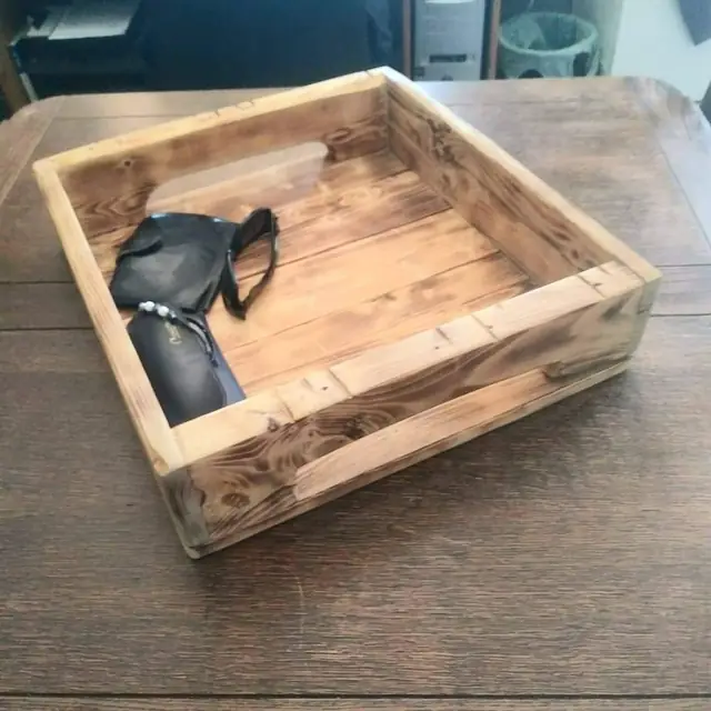 Hand-torched rustic wood tray with cut-out handles