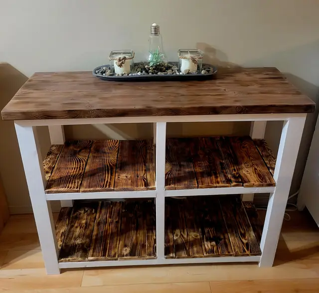 White rustic console table with torched wood top and two cubby shelves