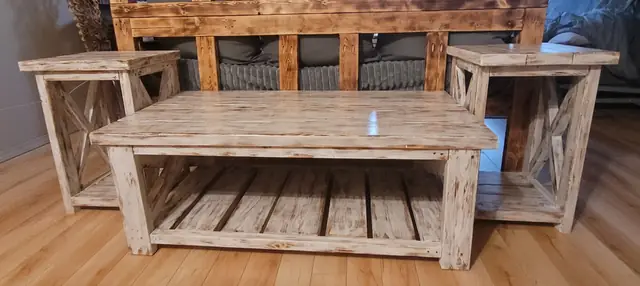 Rustic white-washed coffee table with two matching side tables